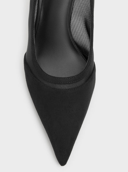CHARLES & KEITH Best Seller | Faux Suede & Mesh Pointed Pumps - Black Textured