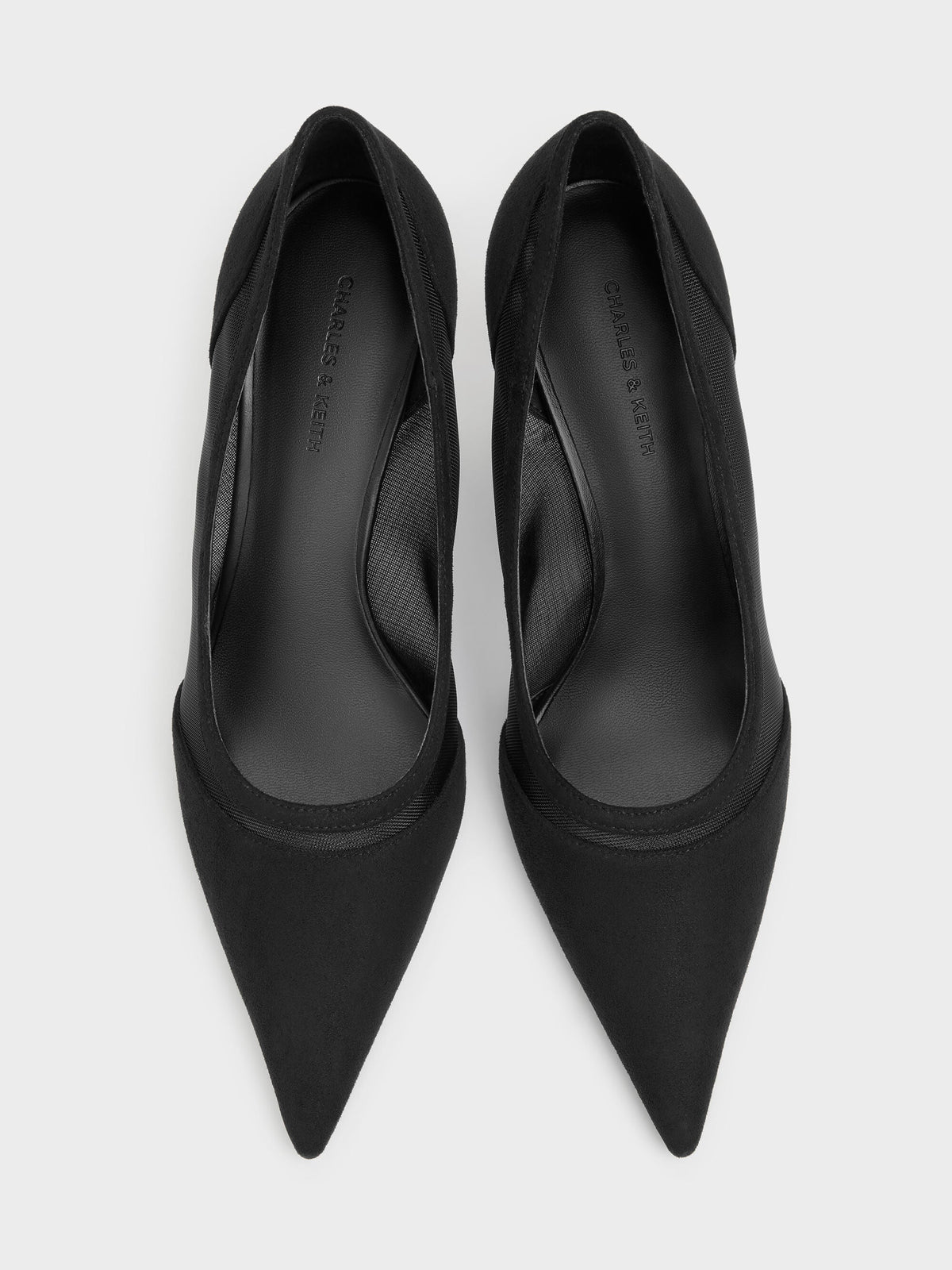 CHARLES & KEITH Best Seller | Faux Suede & Mesh Pointed Pumps - Black Textured