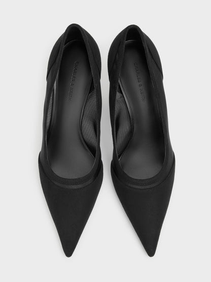 CHARLES & KEITH Best Seller | Faux Suede & Mesh Pointed Pumps - Black Textured