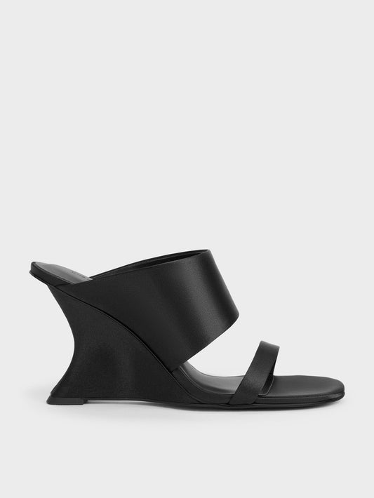CHARLES & KEITH Trending | Satin Double-Strap Wedge Mules - Black Textured