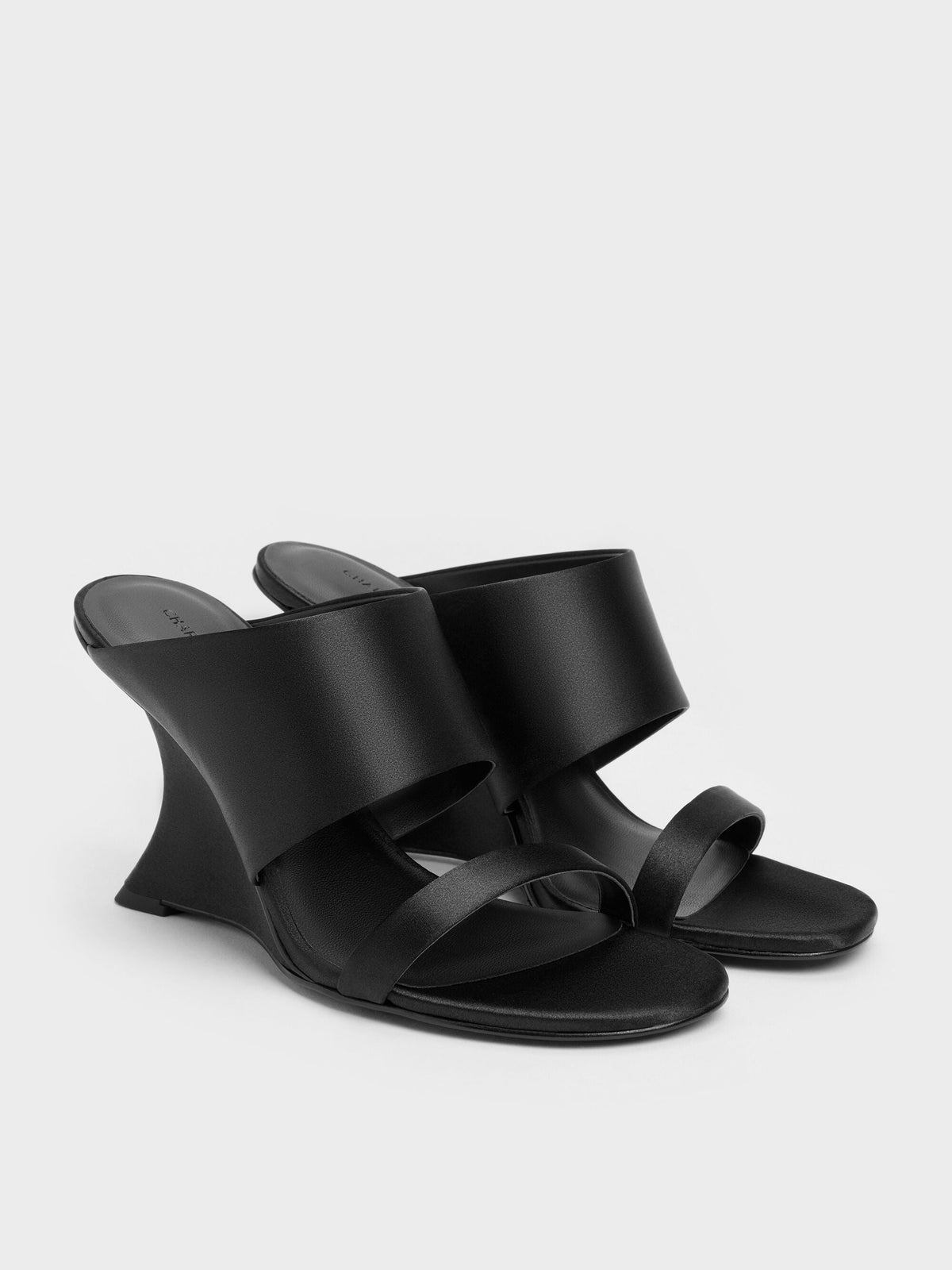 CHARLES & KEITH Trending | Satin Double-Strap Wedge Mules - Black Textured