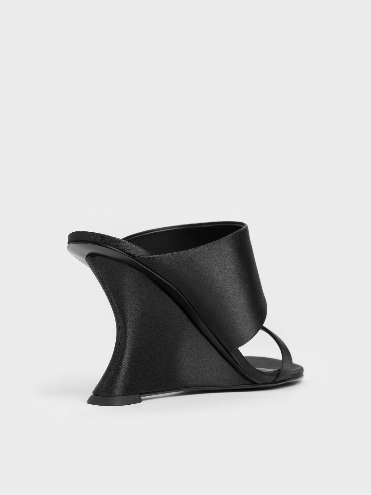 CHARLES & KEITH Trending | Satin Double-Strap Wedge Mules - Black Textured