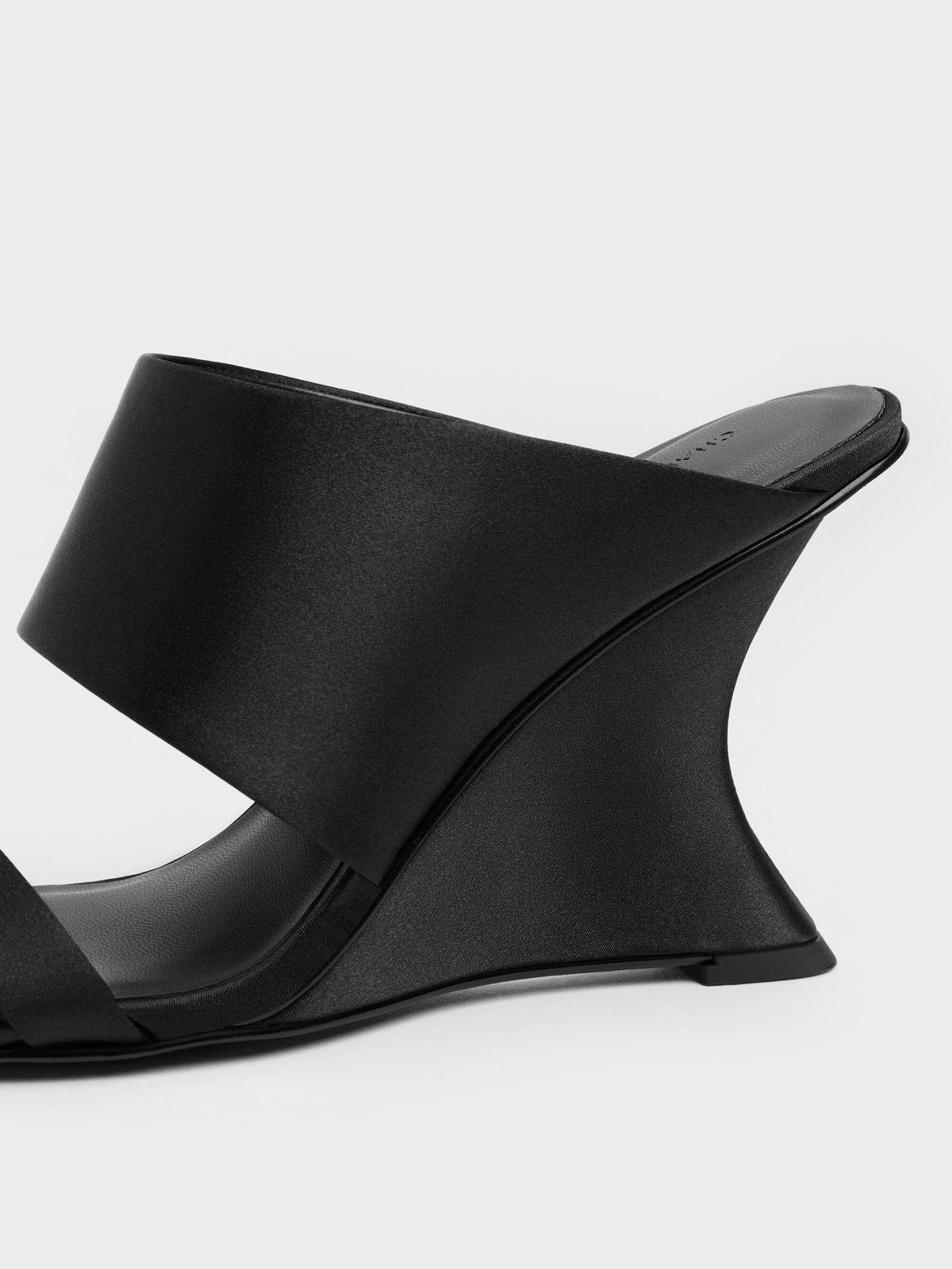 CHARLES & KEITH Trending | Satin Double-Strap Wedge Mules - Black Textured