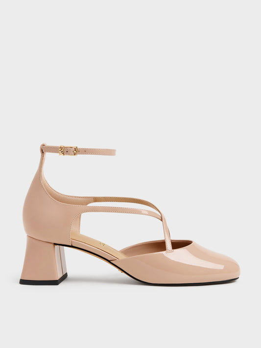 CHARLES & KEITH Best Seller | Patent Leather Crossover Pumps - Nude