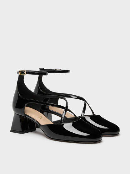 CHARLES & KEITH Recommended | Patent Leather Crossover Pumps - Black Patent