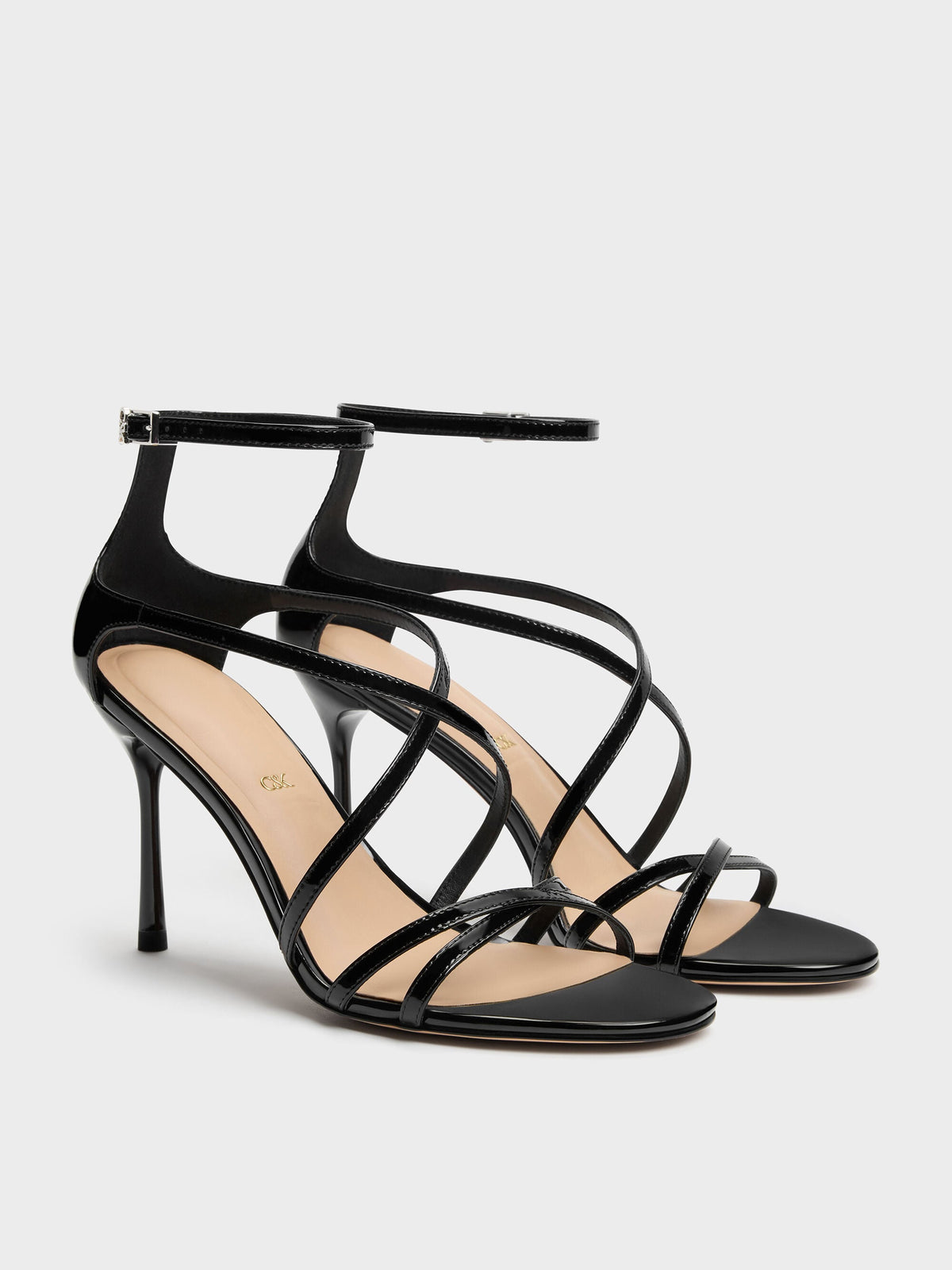 CHARLES & KEITH Signature | Patent Leather Strappy Stiletto Sandals - Black Patent