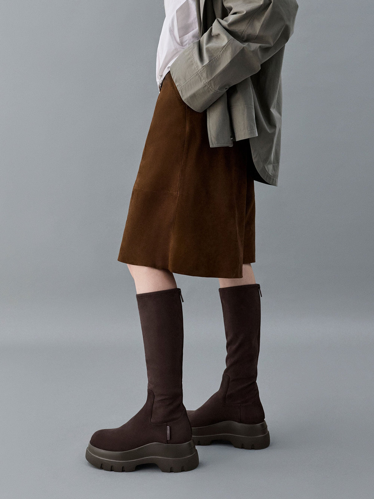 CHARLES & KEITH Value | Leoi Faux Suede Chunky Knee-High Boots - Dark Brown Textured