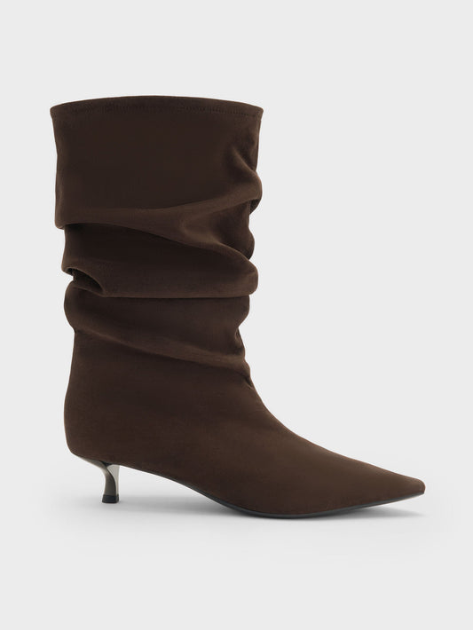 CHARLES & KEITH Top Pick | Faux Suede Ruched Kitten-Heel Calf Boots - Dark Brown Textured