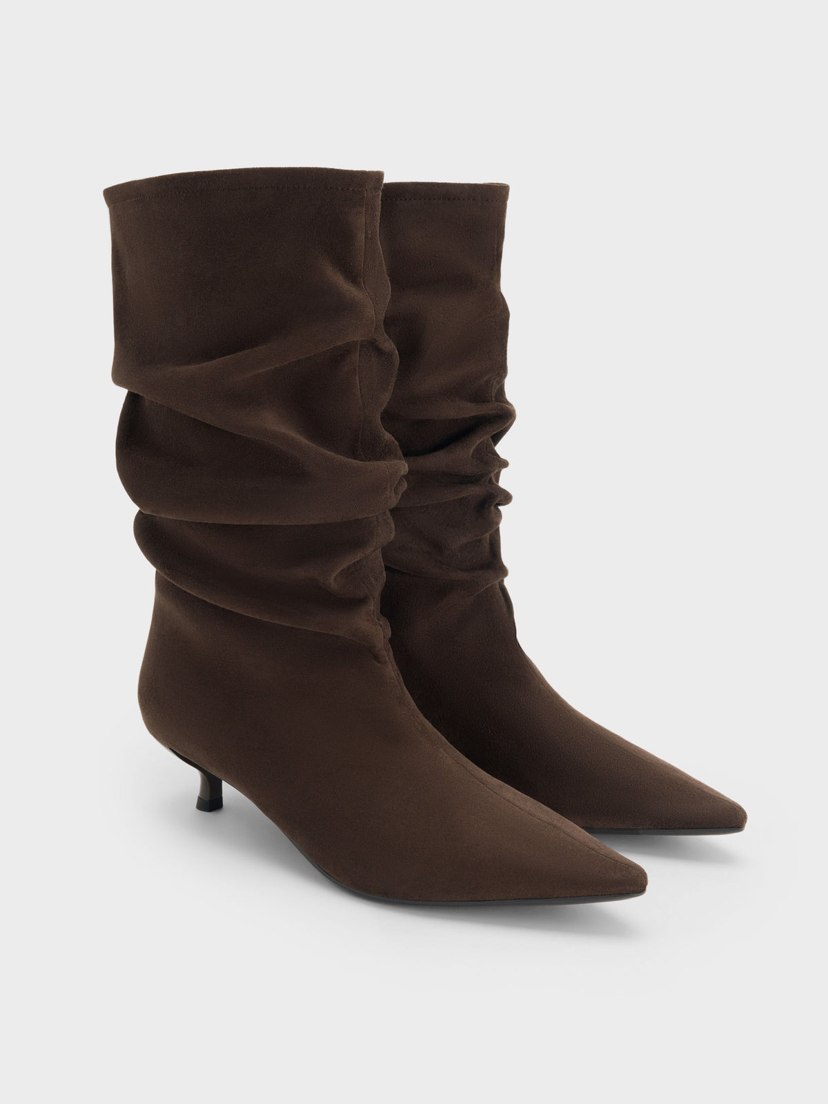 CHARLES & KEITH Top Pick | Faux Suede Ruched Kitten-Heel Calf Boots - Dark Brown Textured