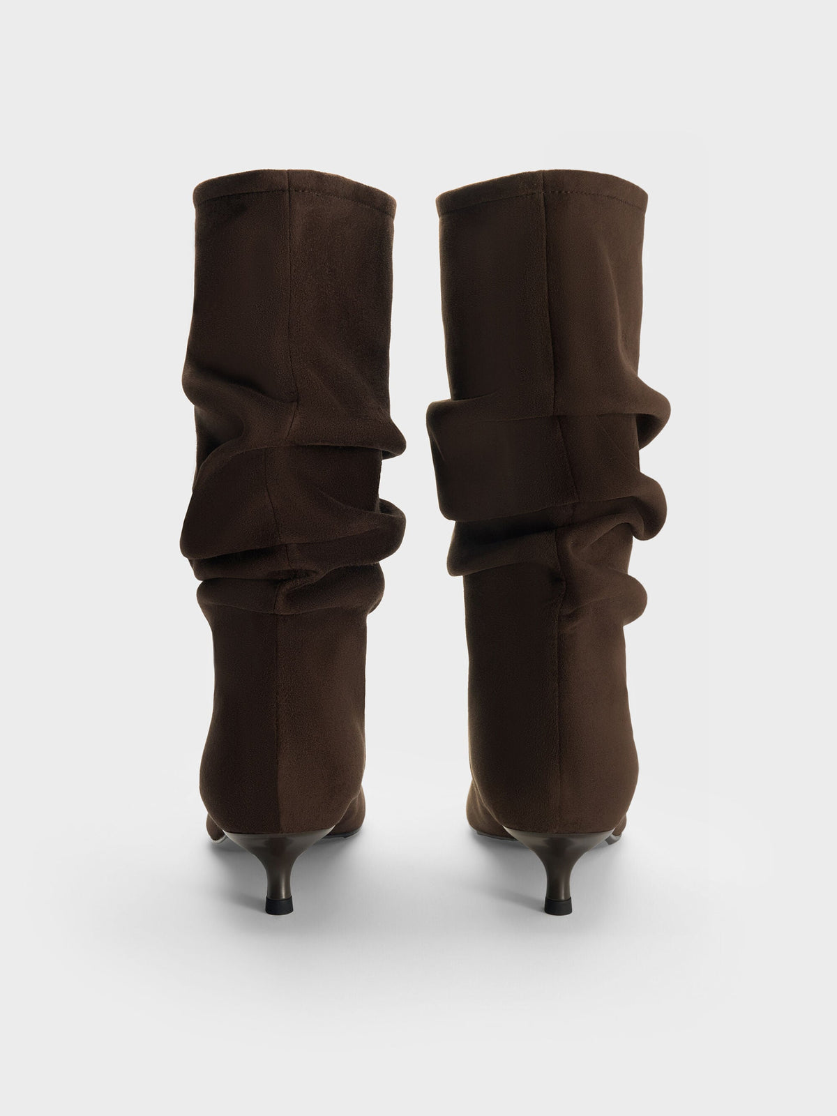 CHARLES & KEITH Top Pick | Faux Suede Ruched Kitten-Heel Calf Boots - Dark Brown Textured