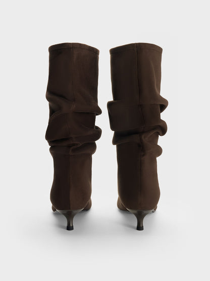 CHARLES & KEITH Top Pick | Faux Suede Ruched Kitten-Heel Calf Boots - Dark Brown Textured