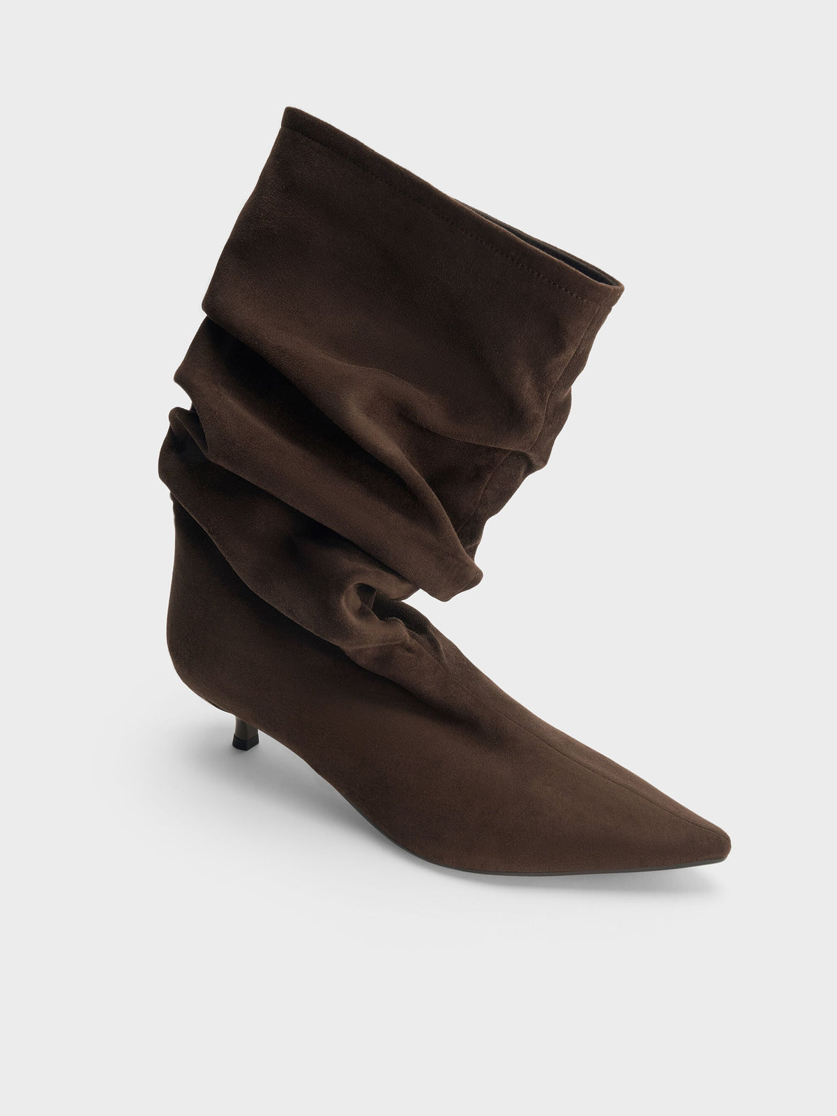 CHARLES & KEITH Top Pick | Faux Suede Ruched Kitten-Heel Calf Boots - Dark Brown Textured
