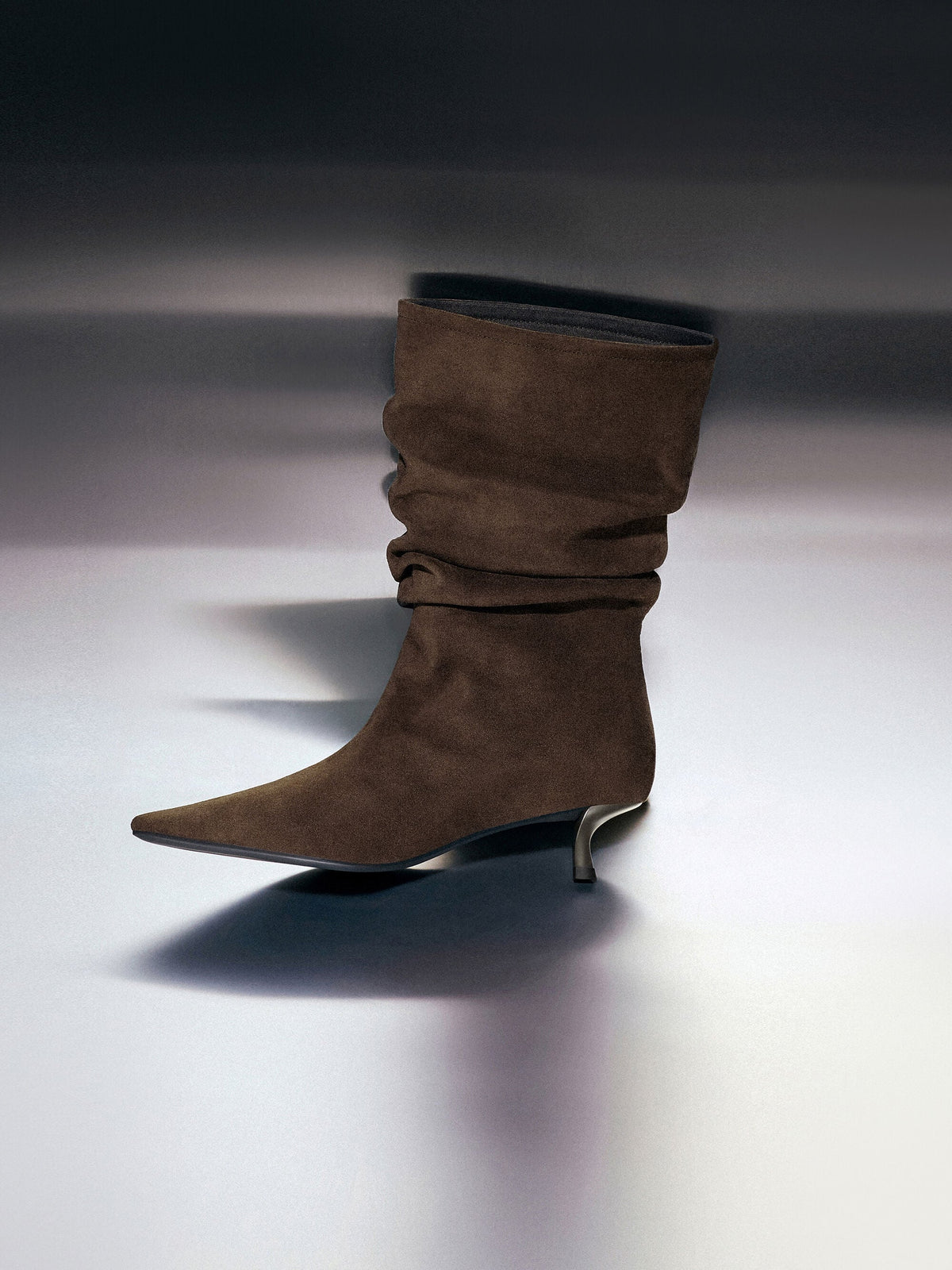 CHARLES & KEITH Top Pick | Faux Suede Ruched Kitten-Heel Calf Boots - Dark Brown Textured
