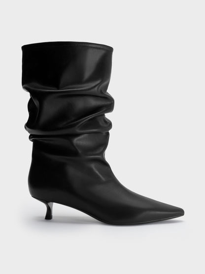 CHARLES & KEITH Customer Favorite | Ruched Kitten-Heel Calf Boots - Black