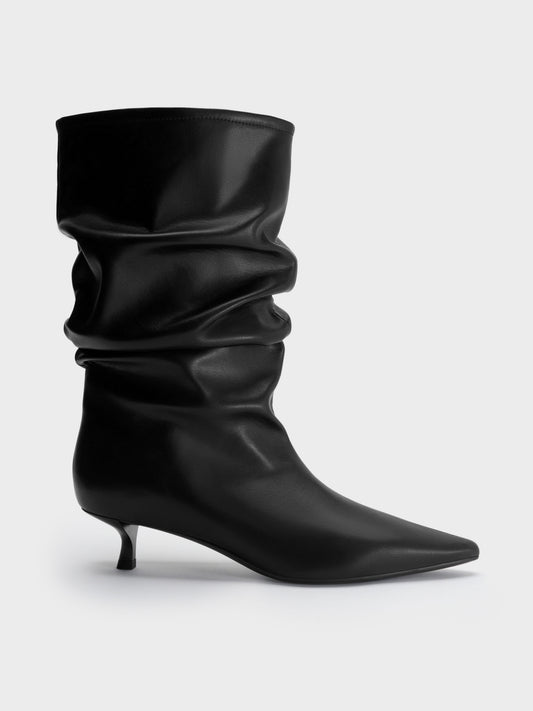CHARLES & KEITH Customer Favorite | Ruched Kitten-Heel Calf Boots - Black
