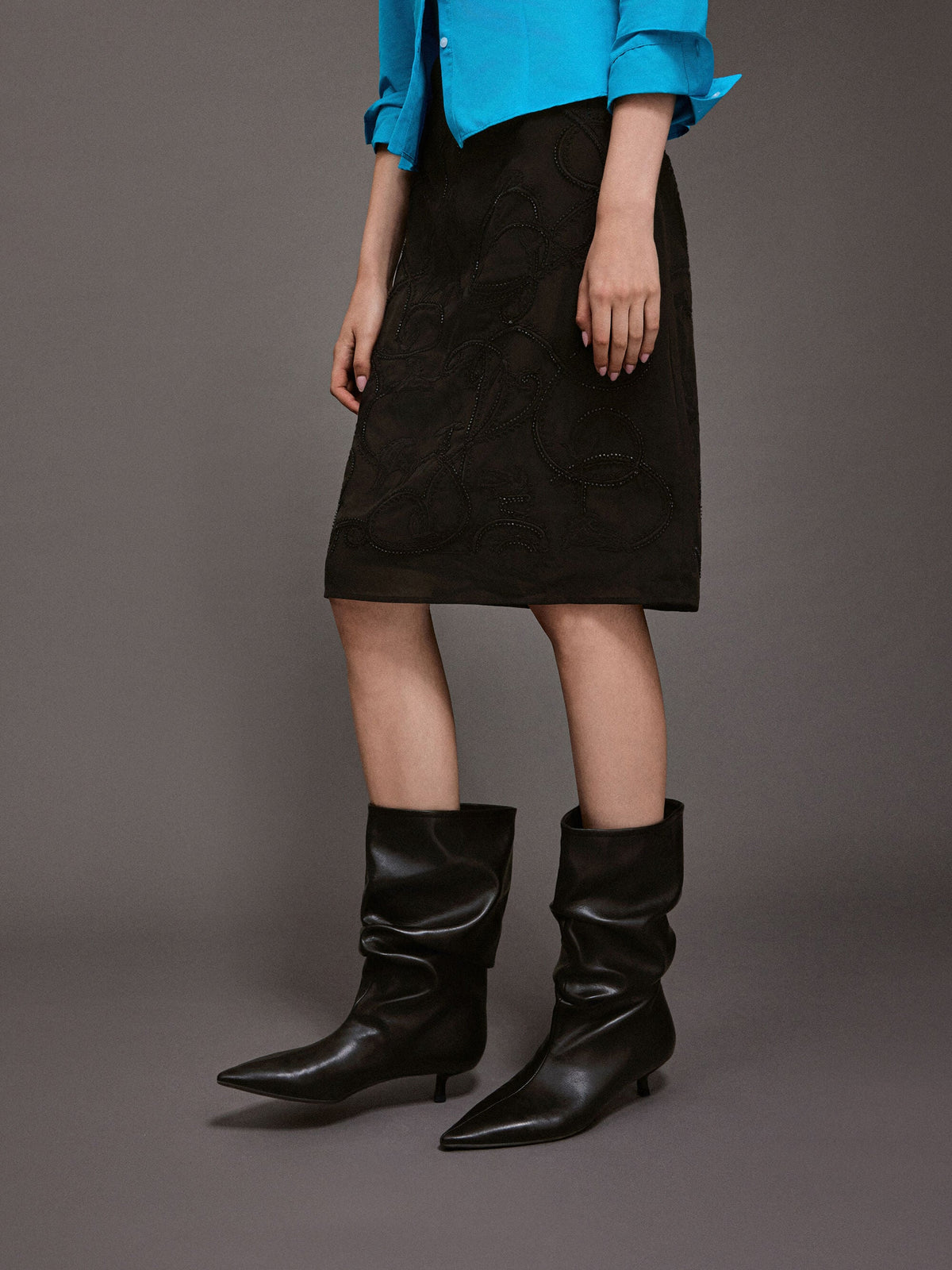 CHARLES & KEITH Customer Favorite | Ruched Kitten-Heel Calf Boots - Black