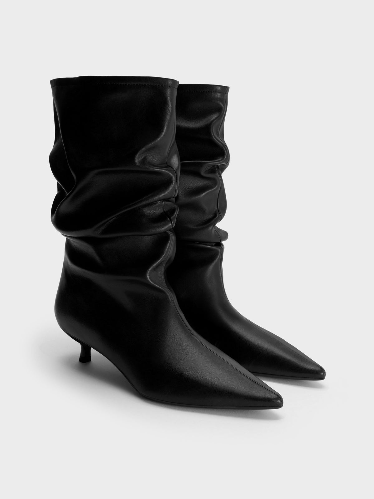 CHARLES & KEITH Customer Favorite | Ruched Kitten-Heel Calf Boots - Black