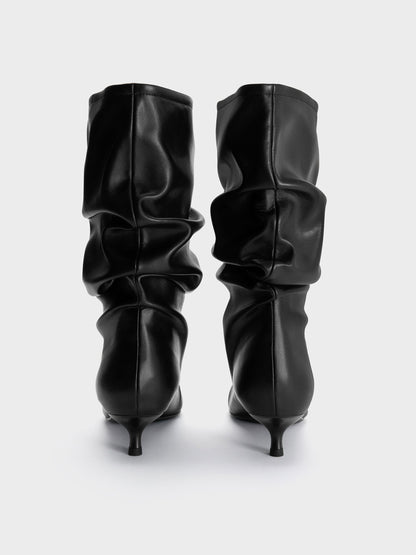 CHARLES & KEITH Customer Favorite | Ruched Kitten-Heel Calf Boots - Black