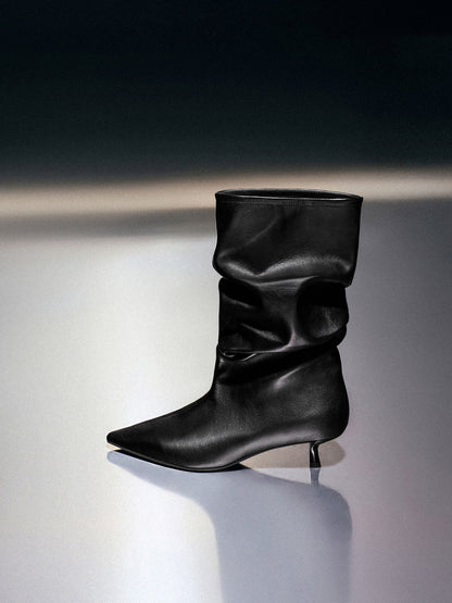 CHARLES & KEITH Customer Favorite | Ruched Kitten-Heel Calf Boots - Black