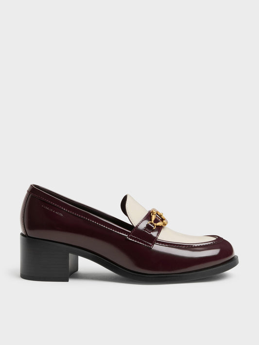 CHARLES & KEITH Deals | Two-Tone Metallic-Buckle Loafer Pumps - Burgundy