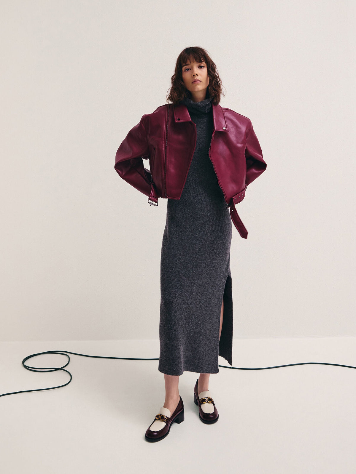 CHARLES & KEITH Deals | Two-Tone Metallic-Buckle Loafer Pumps - Burgundy