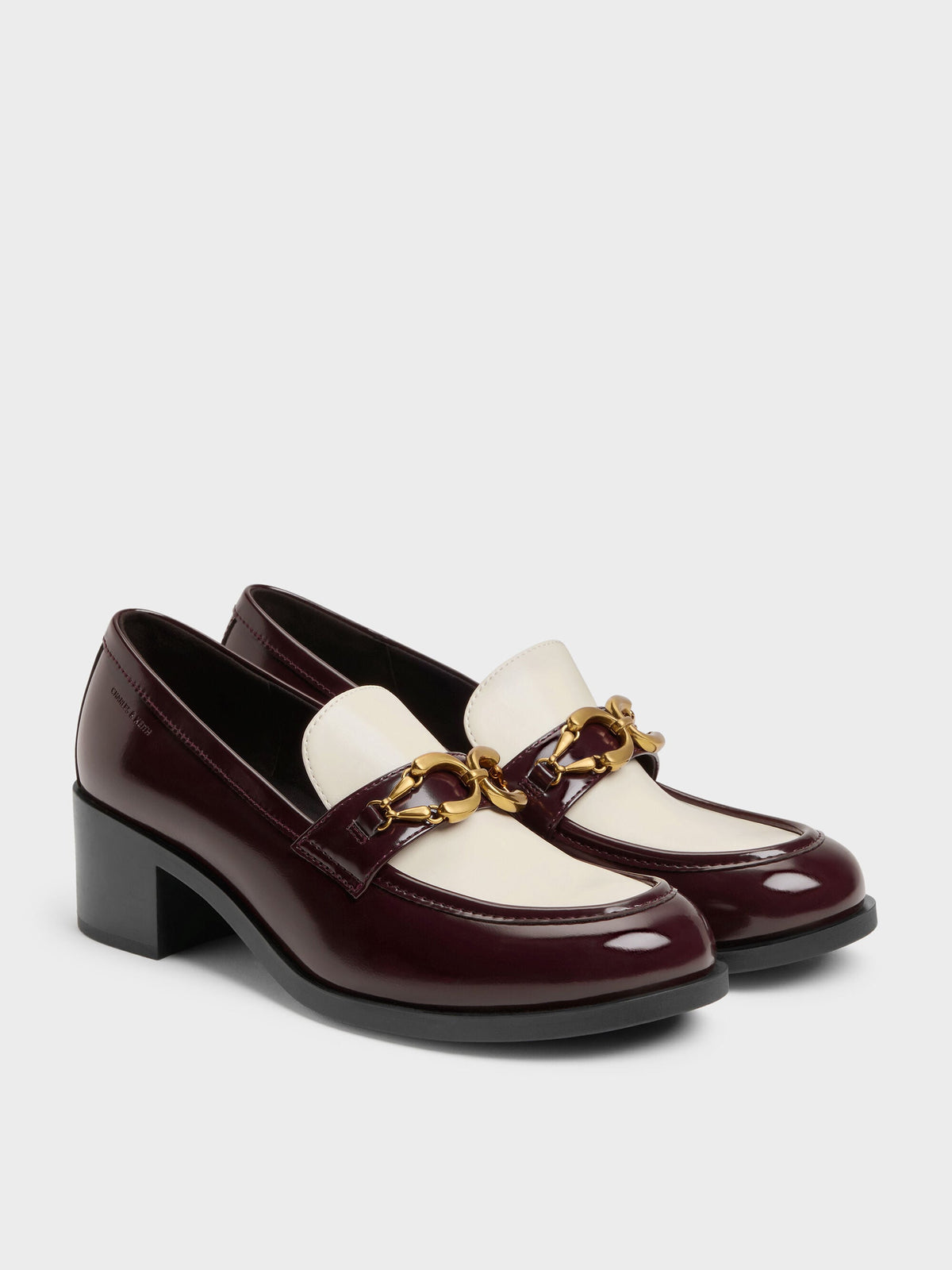 CHARLES & KEITH Deals | Two-Tone Metallic-Buckle Loafer Pumps - Burgundy