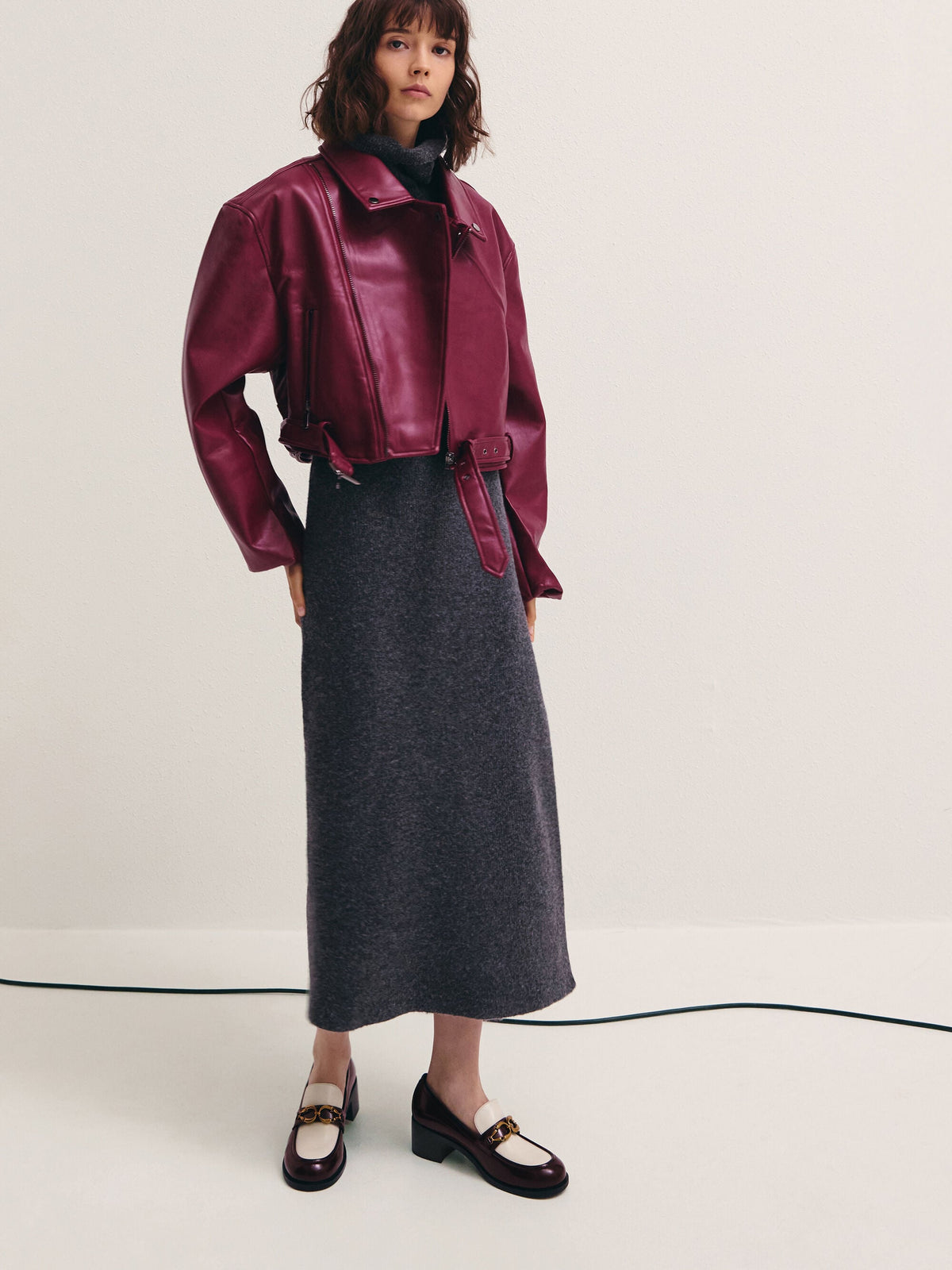 CHARLES & KEITH Deals | Two-Tone Metallic-Buckle Loafer Pumps - Burgundy