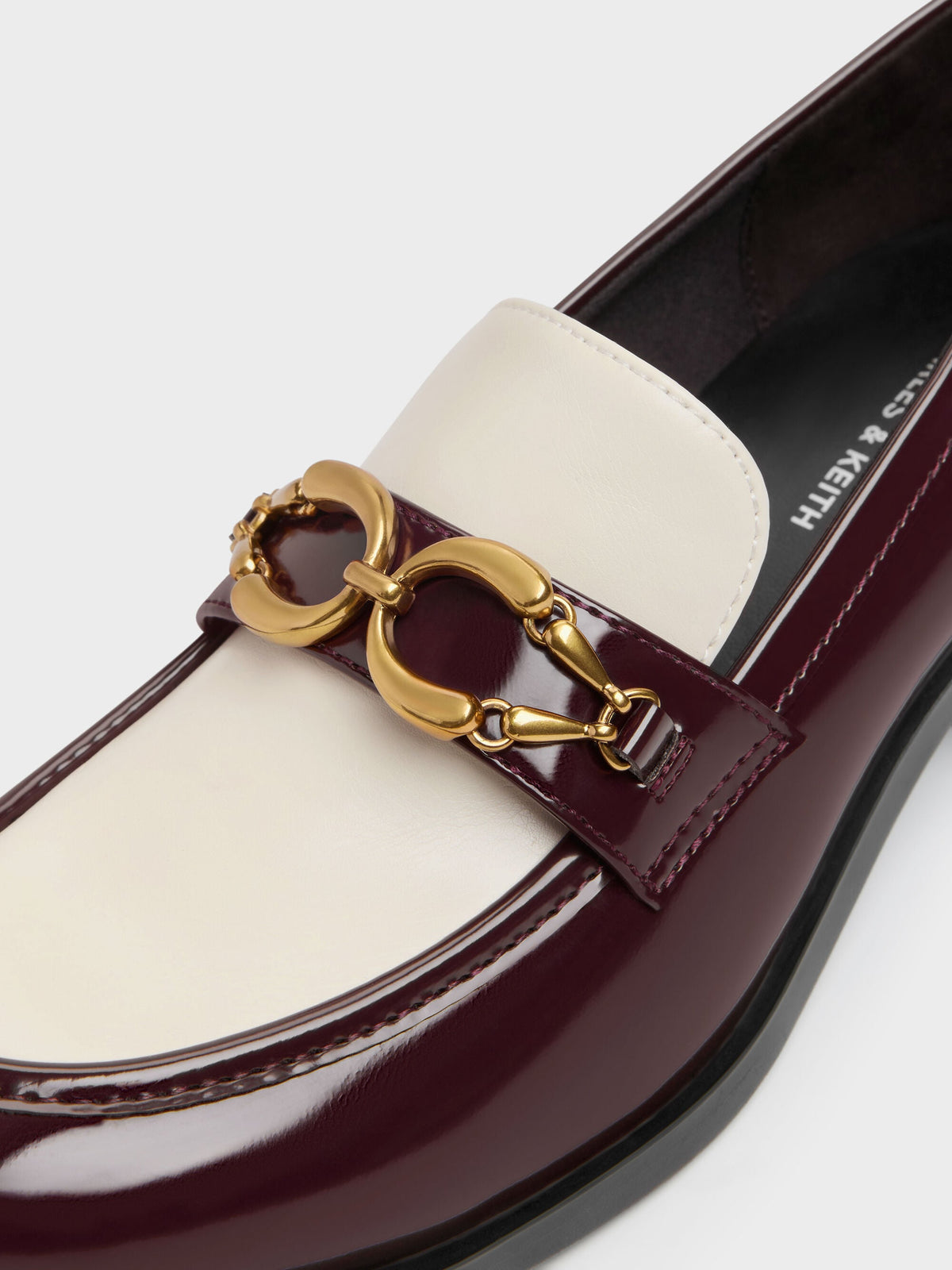 CHARLES & KEITH Deals | Two-Tone Metallic-Buckle Loafer Pumps - Burgundy