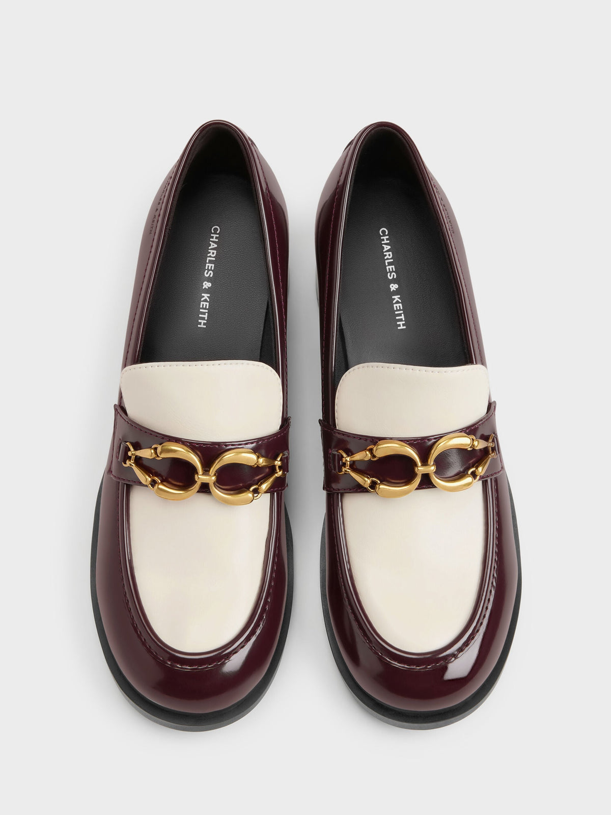 CHARLES & KEITH Deals | Two-Tone Metallic-Buckle Loafer Pumps - Burgundy