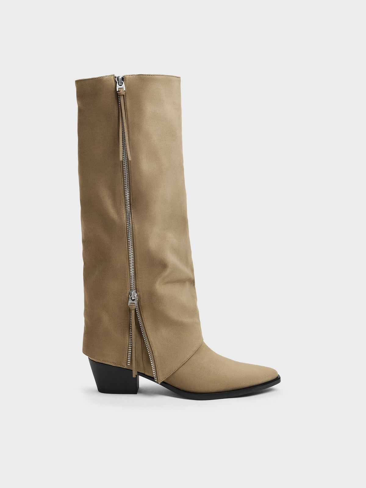 CHARLES & KEITH Top Pick | Aether Faux Suede Tassel-Zip Knee-High Boots - Khaki