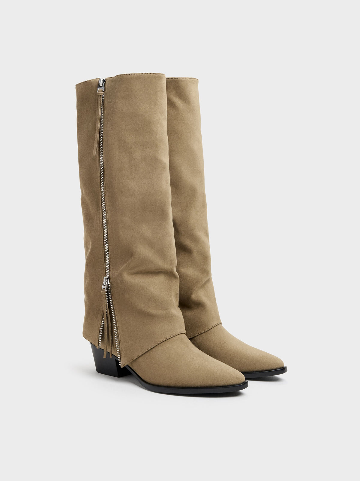 CHARLES & KEITH Top Pick | Aether Faux Suede Tassel-Zip Knee-High Boots - Khaki