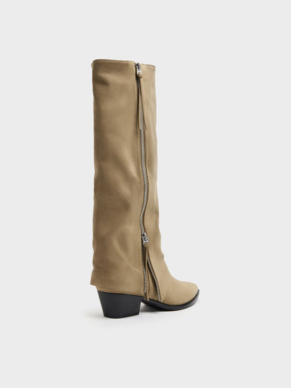 CHARLES & KEITH Top Pick | Aether Faux Suede Tassel-Zip Knee-High Boots - Khaki