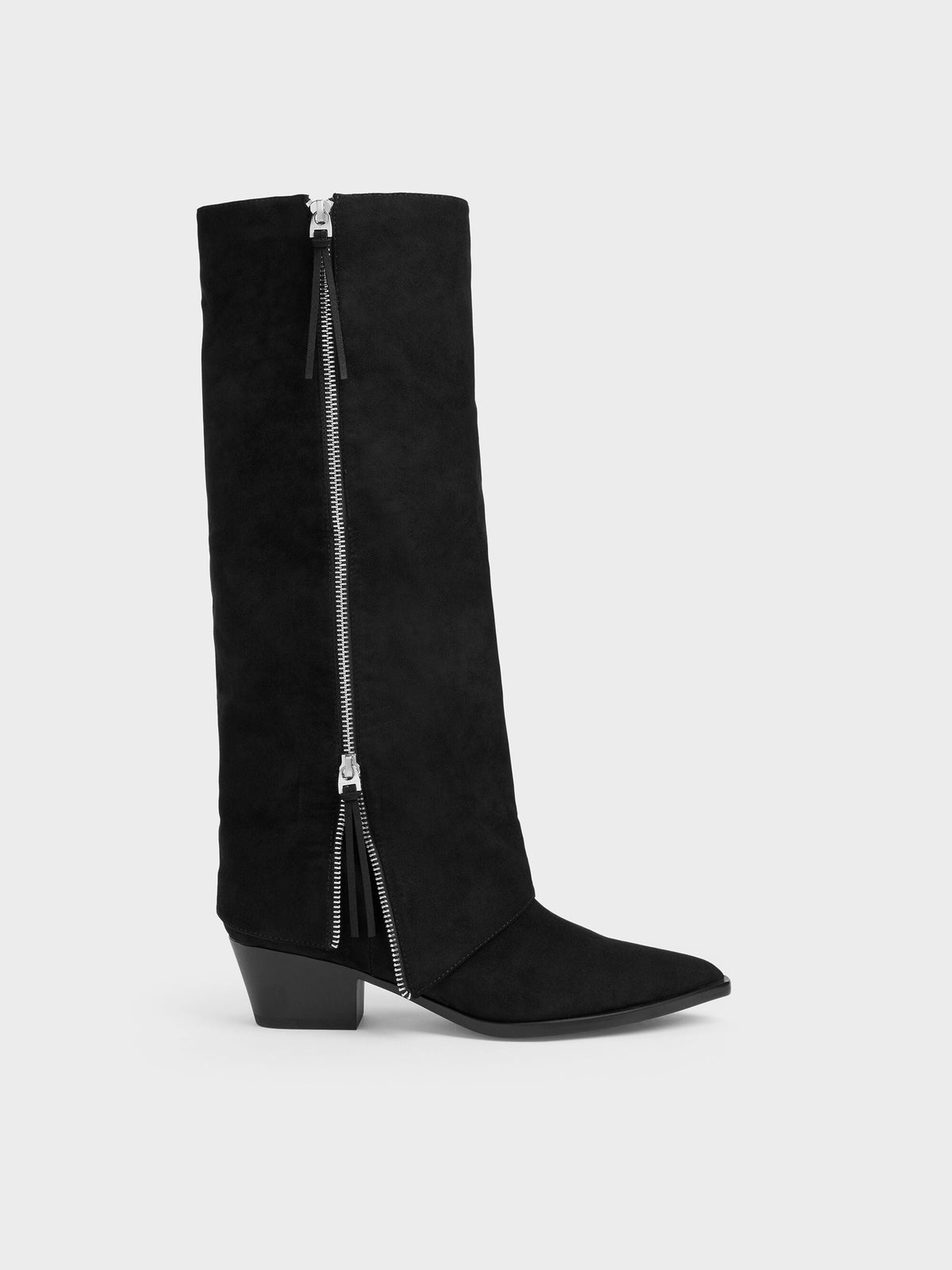 CHARLES & KEITH Deals | Aether Faux Suede Tassel-Zip Knee-High Boots - Black Textured