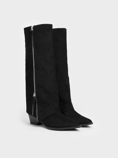 CHARLES & KEITH Deals | Aether Faux Suede Tassel-Zip Knee-High Boots - Black Textured