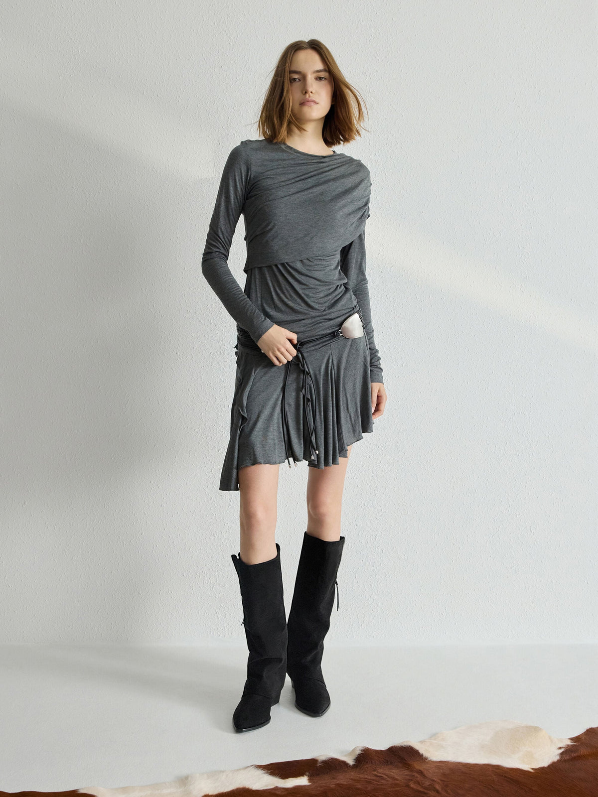 CHARLES & KEITH Deals | Aether Faux Suede Tassel-Zip Knee-High Boots - Black Textured