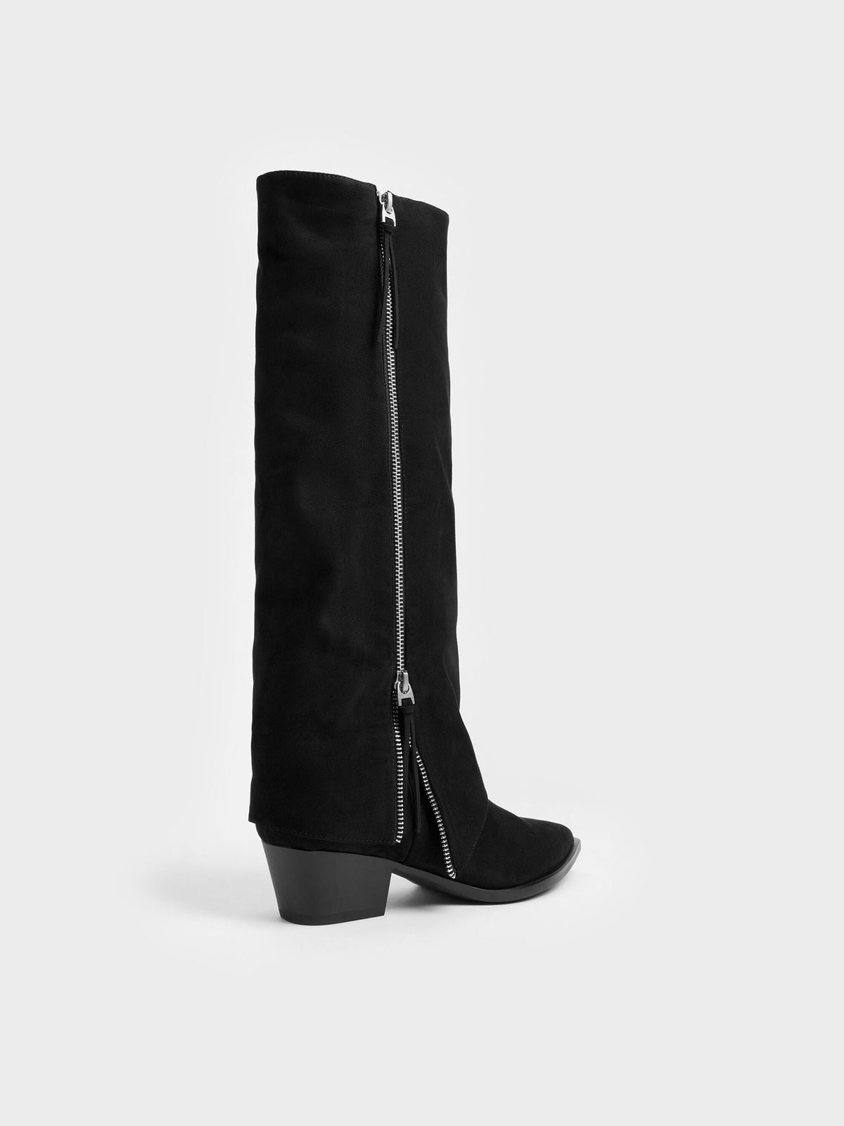 CHARLES & KEITH Deals | Aether Faux Suede Tassel-Zip Knee-High Boots - Black Textured