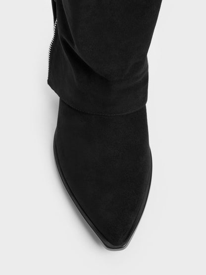 CHARLES & KEITH Deals | Aether Faux Suede Tassel-Zip Knee-High Boots - Black Textured