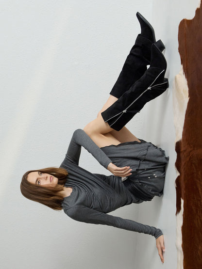 CHARLES & KEITH Deals | Aether Faux Suede Tassel-Zip Knee-High Boots - Black Textured
