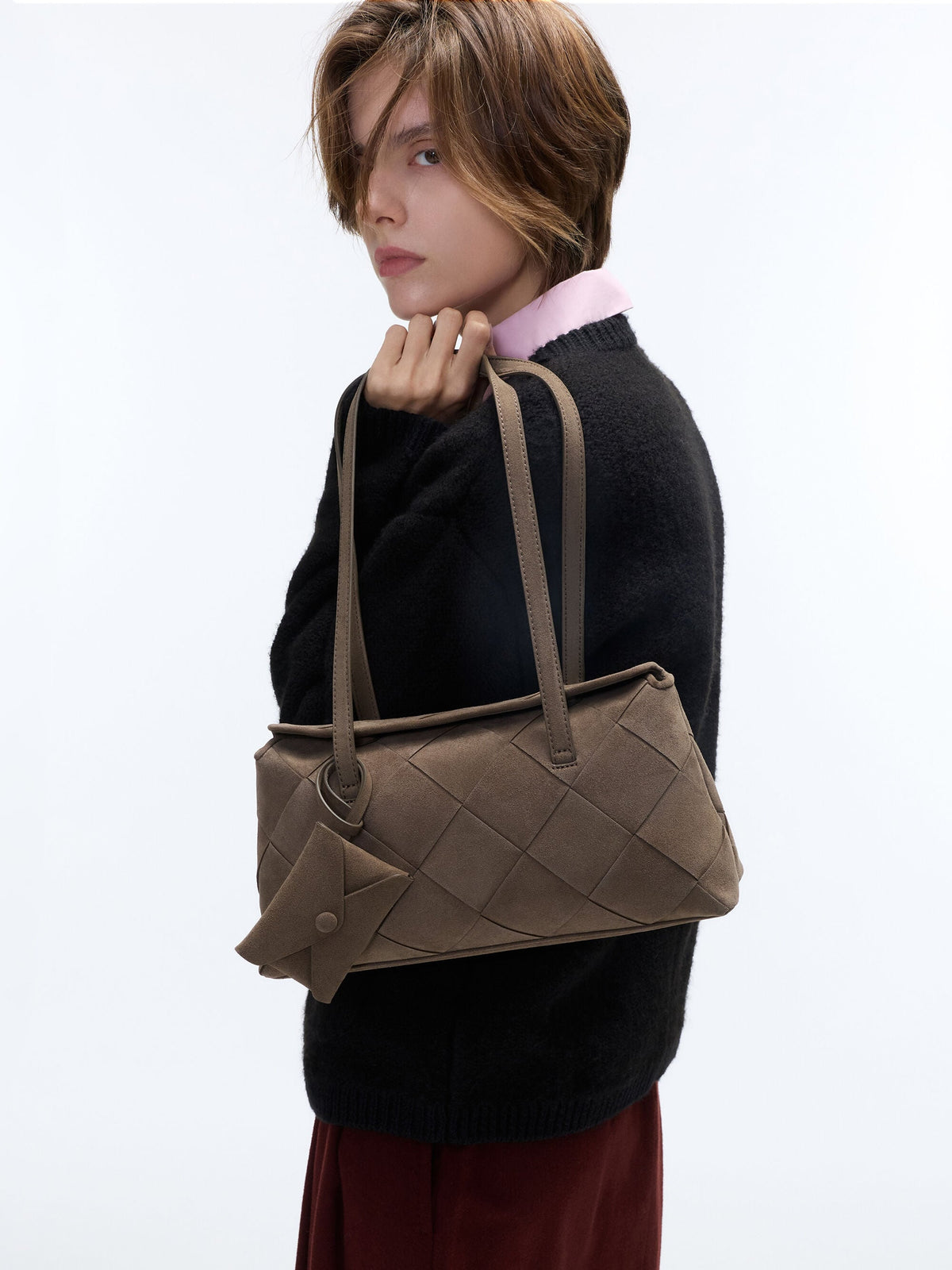 CHARLES & KEITH Essential | Maribel Woven Trapeze Shoulder Bag - Stone Grey