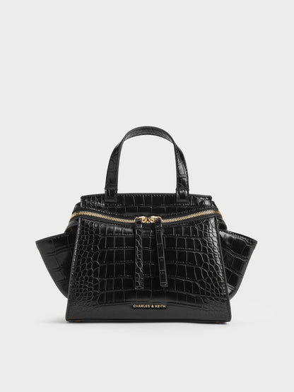 CHARLES & KEITH Trusted | Pansy Trapeze Croc-Effect Top Handle Bag - Black