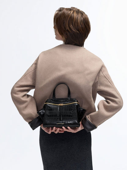 CHARLES & KEITH Trusted | Pansy Trapeze Croc-Effect Top Handle Bag - Black