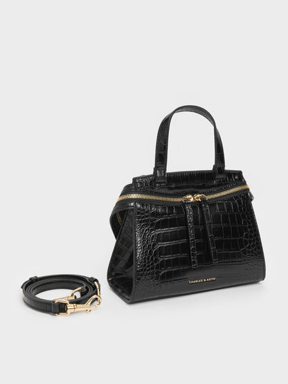 CHARLES & KEITH Trusted | Pansy Trapeze Croc-Effect Top Handle Bag - Black