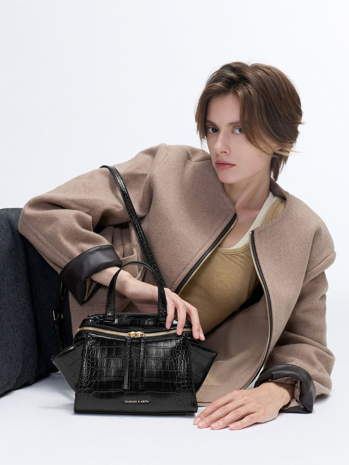 CHARLES & KEITH Trusted | Pansy Trapeze Croc-Effect Top Handle Bag - Black