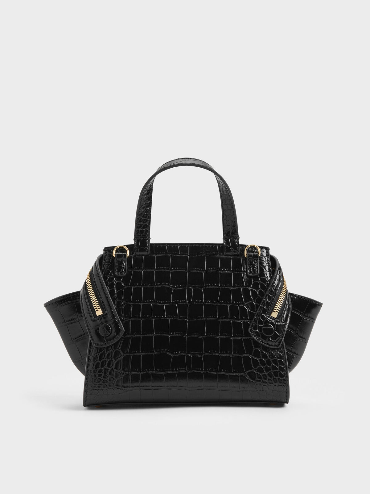CHARLES & KEITH Trusted | Pansy Trapeze Croc-Effect Top Handle Bag - Black