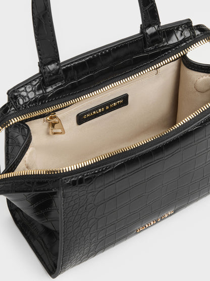 CHARLES & KEITH Trusted | Pansy Trapeze Croc-Effect Top Handle Bag - Black