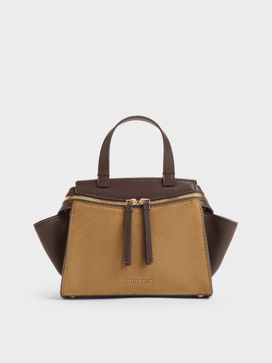 CHARLES & KEITH Deals | Pansy Two-Tone Trapeze Top Handle Bag - Sahara Sand