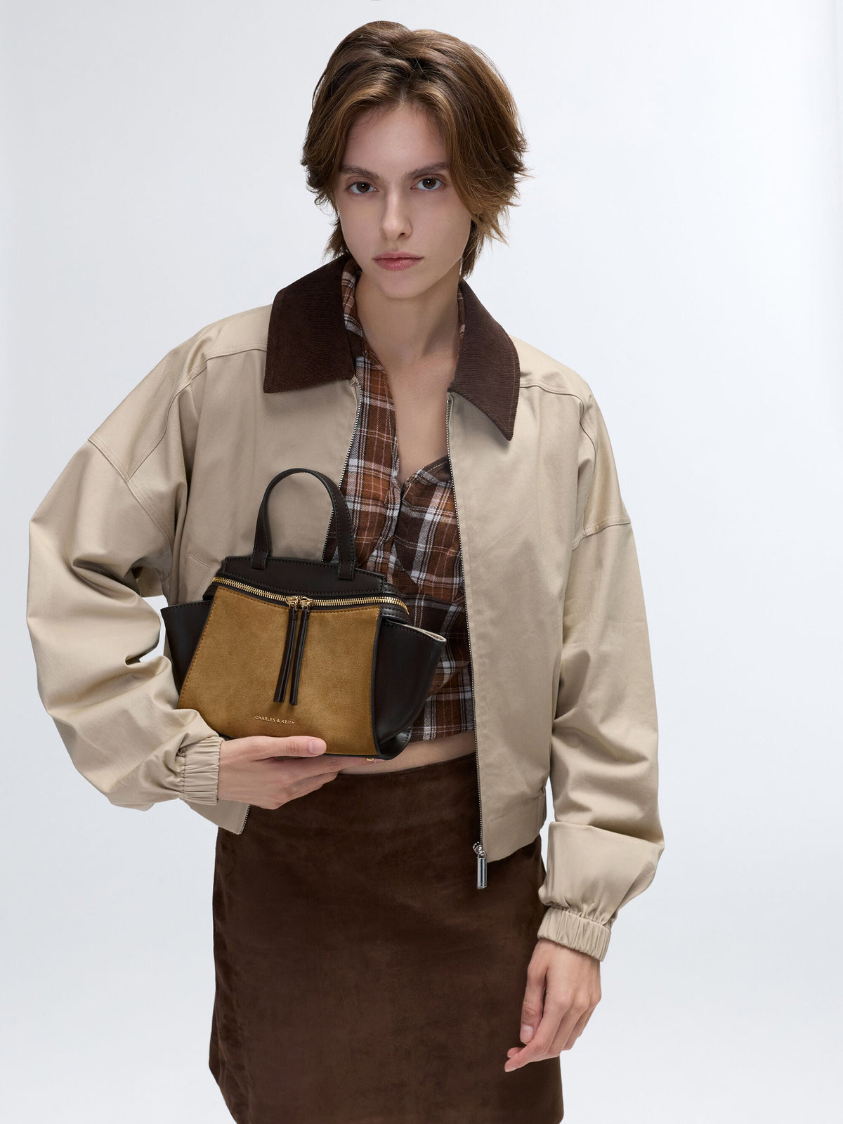 CHARLES & KEITH Deals | Pansy Two-Tone Trapeze Top Handle Bag - Sahara Sand