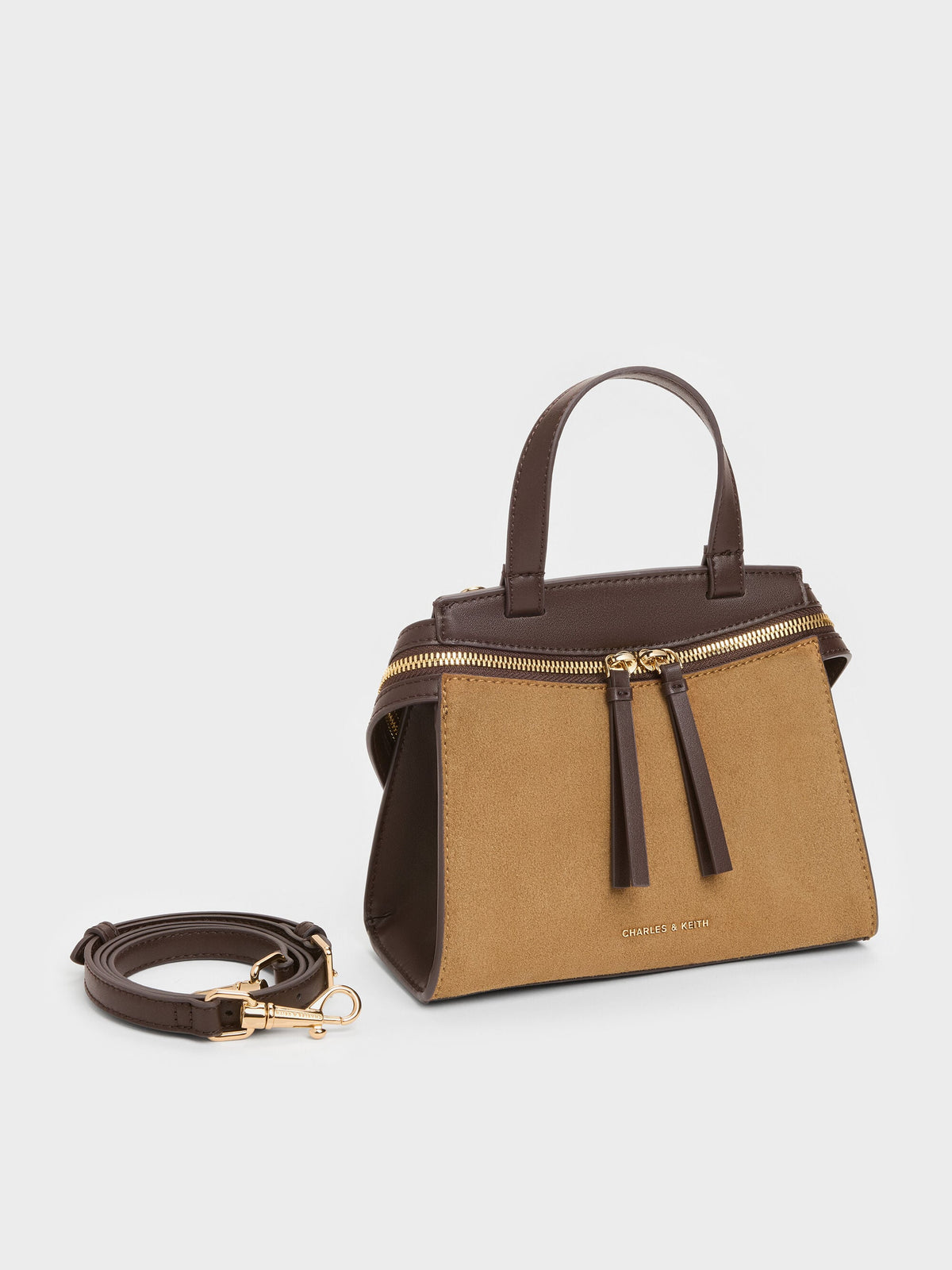 CHARLES & KEITH Deals | Pansy Two-Tone Trapeze Top Handle Bag - Sahara Sand