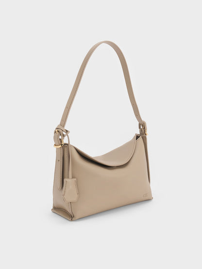 CHARLES & KEITH Popular | Leather Top-Flap Hobo Bag - Taupe