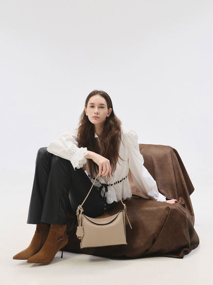 CHARLES & KEITH Popular | Leather Top-Flap Hobo Bag - Taupe
